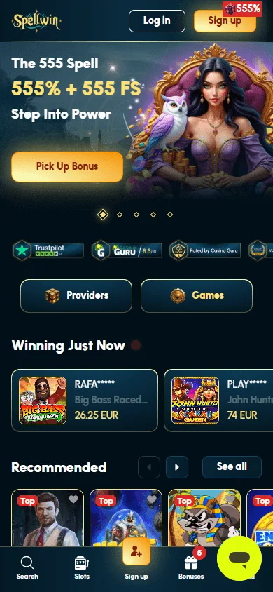 Spellwin Casino home experience on a mobile browser