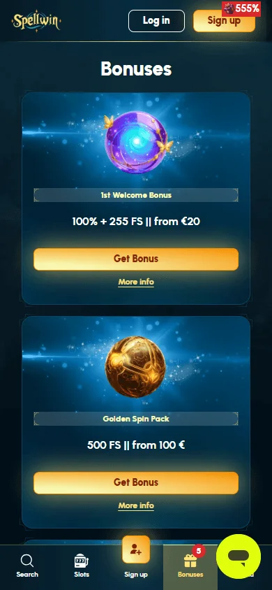 Spellwin Casino promotions and rewards on a mobile browser
