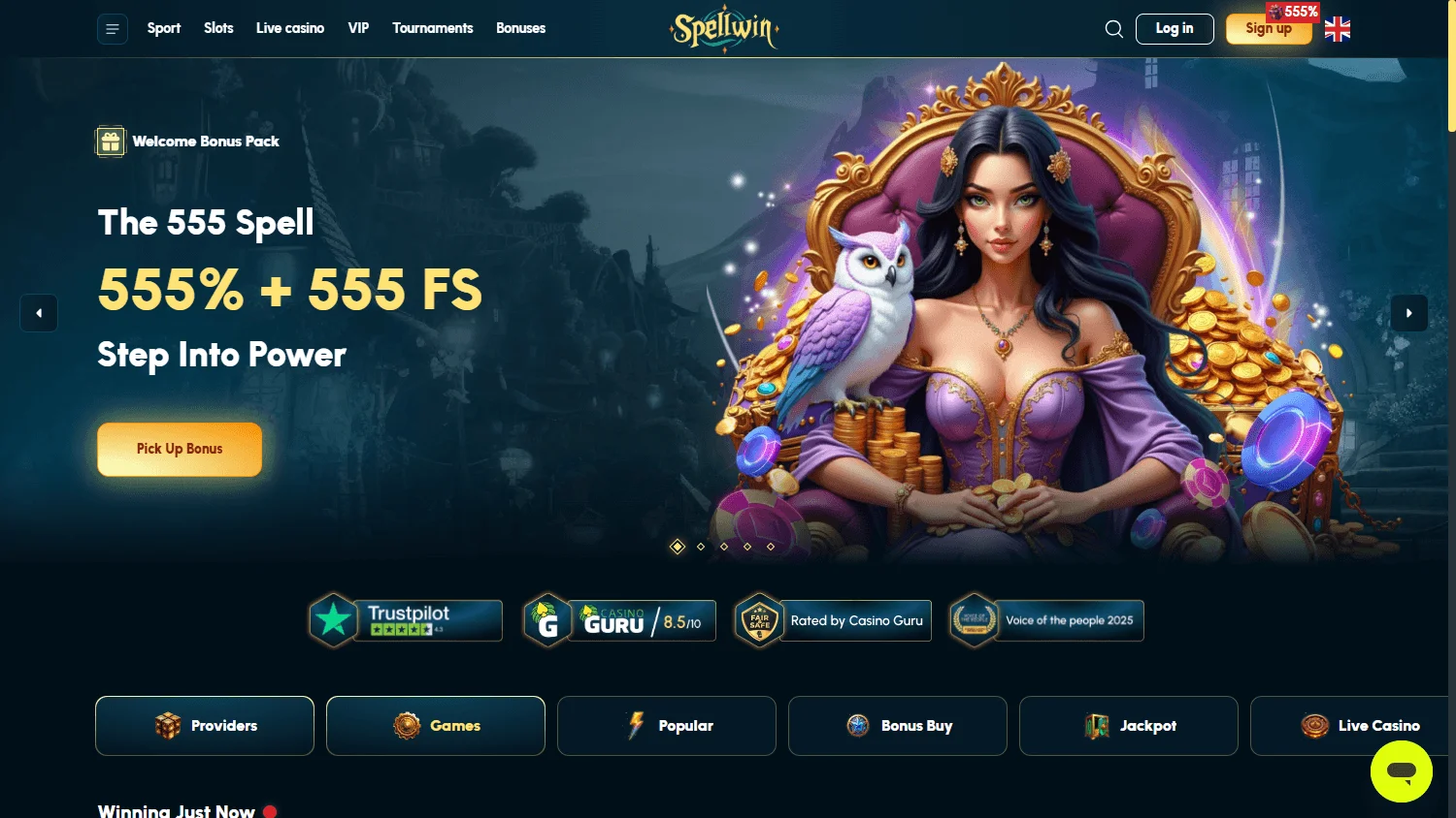 Spellwin Casino home experience on desktop