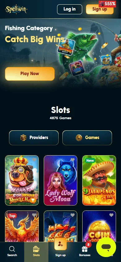 Spellwin Casino games selection on a mobile browser